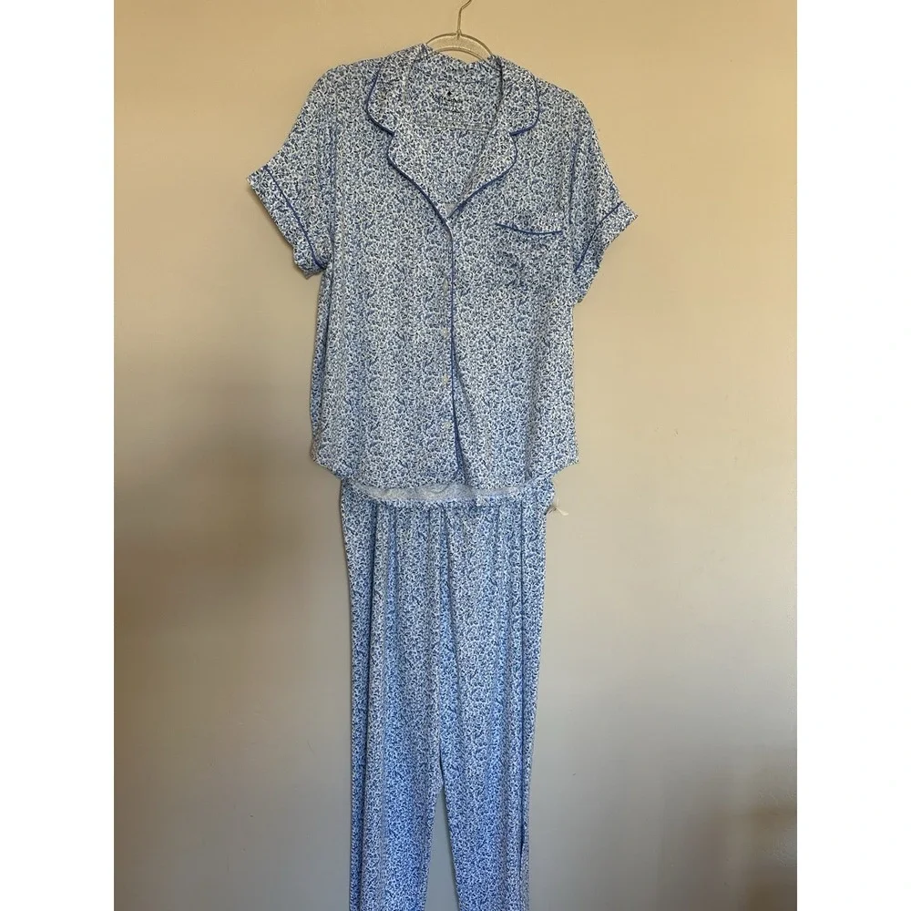 Kate Spade WHITE/BLUE FLORAL‎ Soft Knit Cropped Pajama Set Women's M Spring